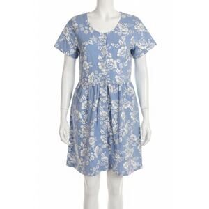 Stamp Dress M Blue White Floral Short Sleeve V Neck USA Made Knee Length Cottage